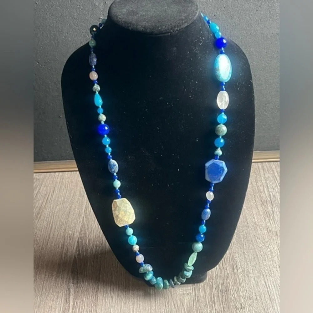 Blue Lapis and Impression Jasper Precious Stones Sterling Silver Clasp Necklace